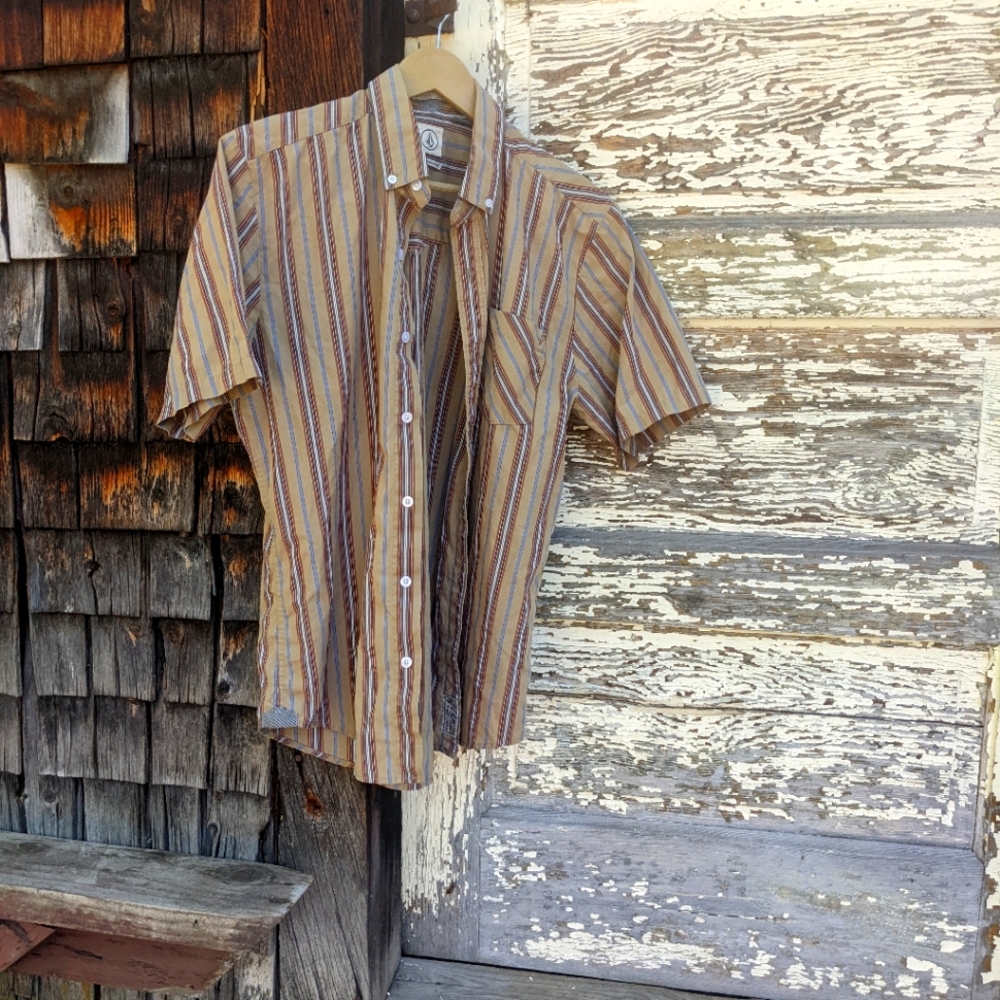 Medium Men's striped button up shirt Tan Red and Blue